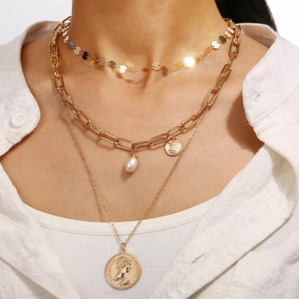 Fashion Three Layer Gold Tone Necklace Statement